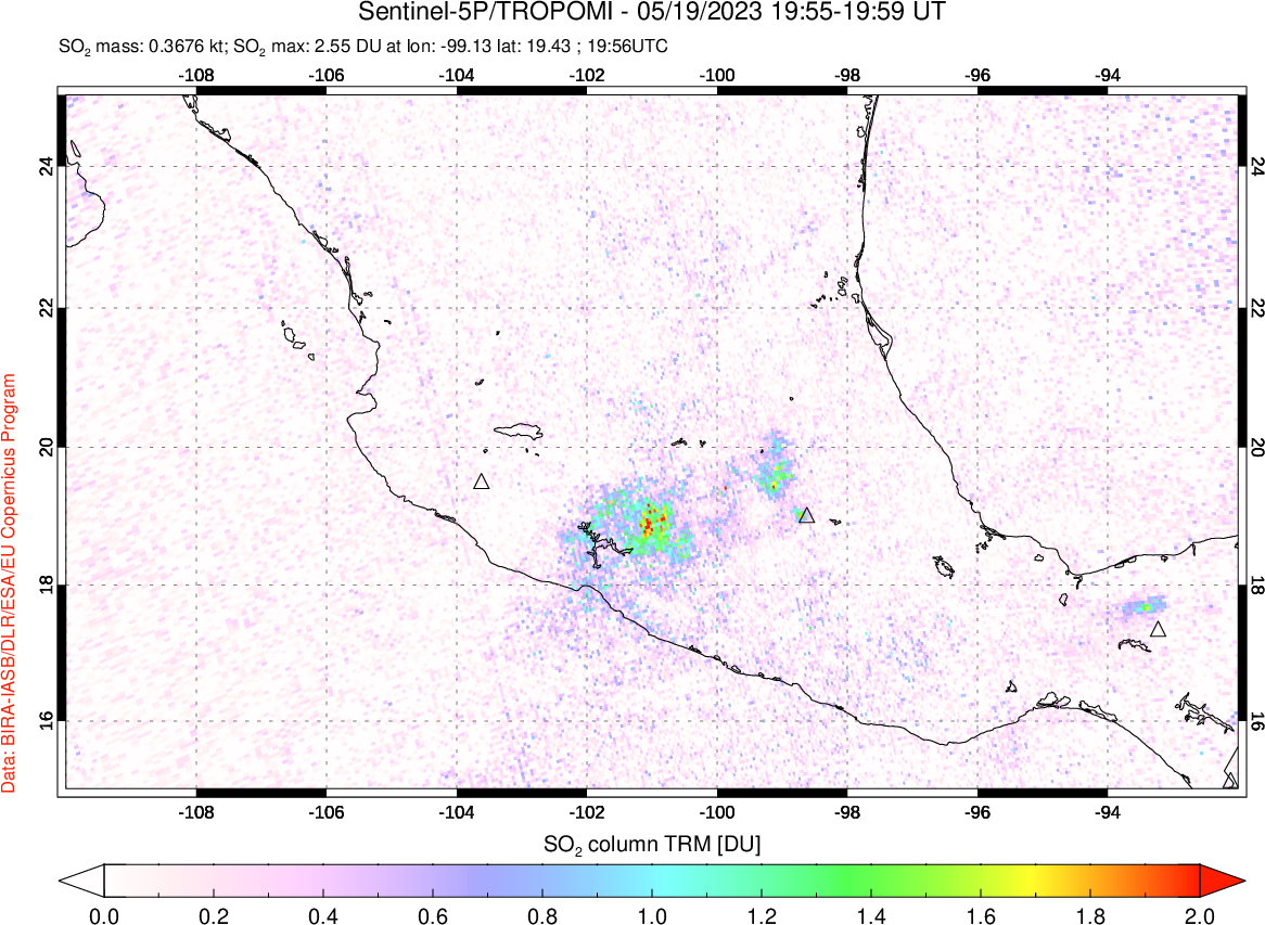 A sulfur dioxide image over Mexico on May 19, 2023.