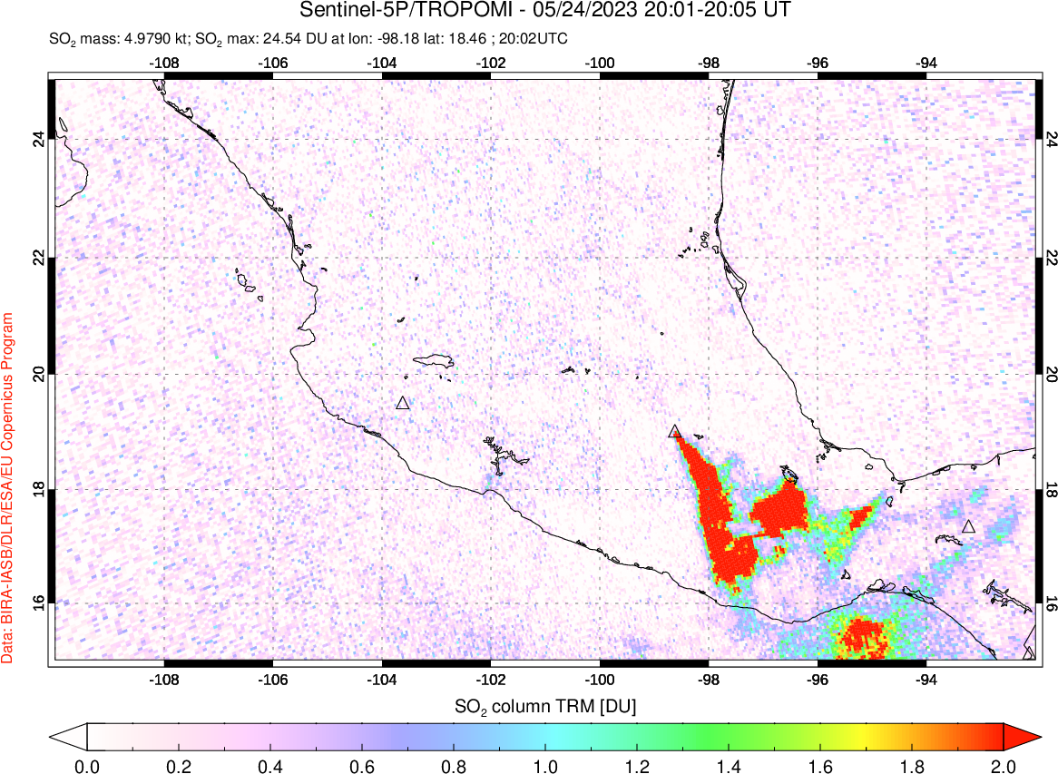 A sulfur dioxide image over Mexico on May 24, 2023.