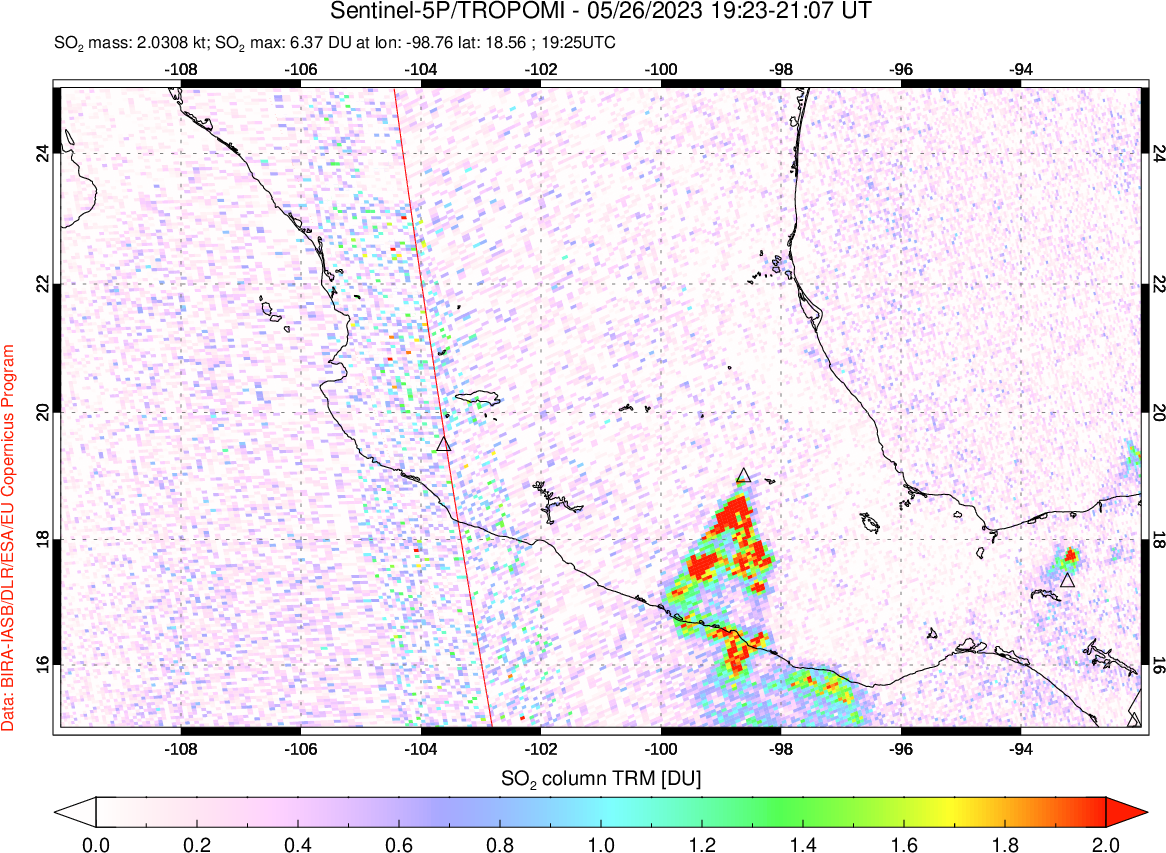 A sulfur dioxide image over Mexico on May 26, 2023.