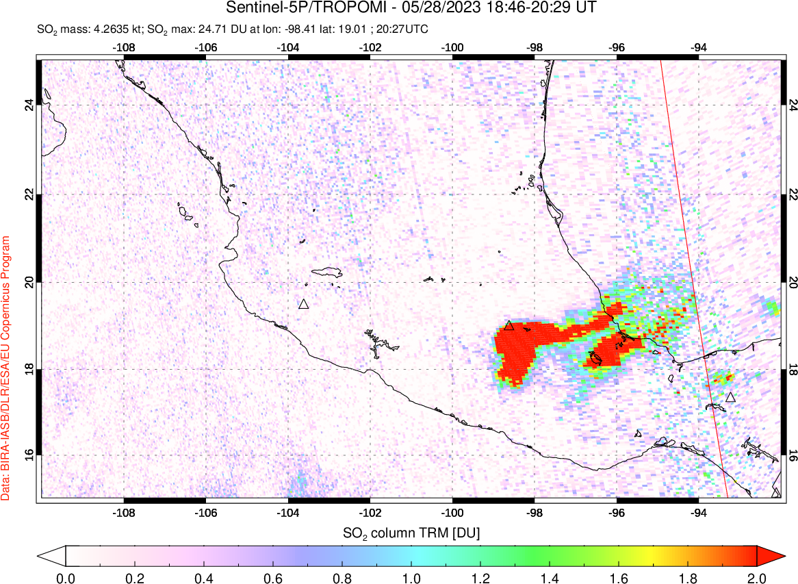 A sulfur dioxide image over Mexico on May 28, 2023.