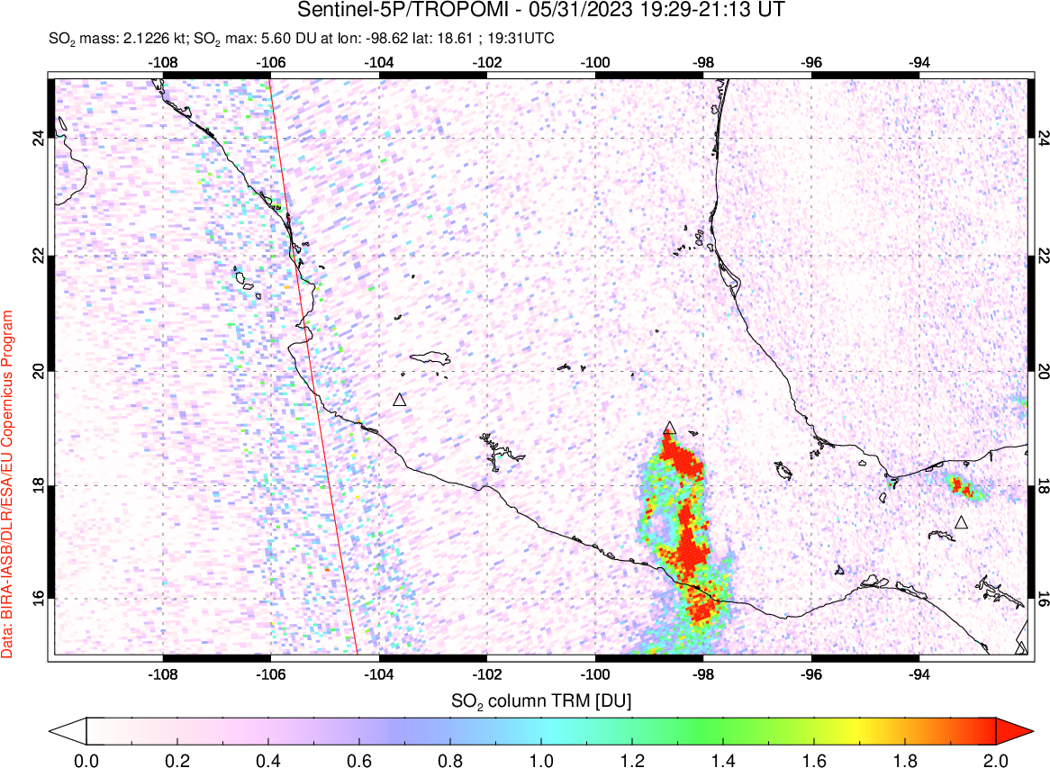 A sulfur dioxide image over Mexico on May 31, 2023.