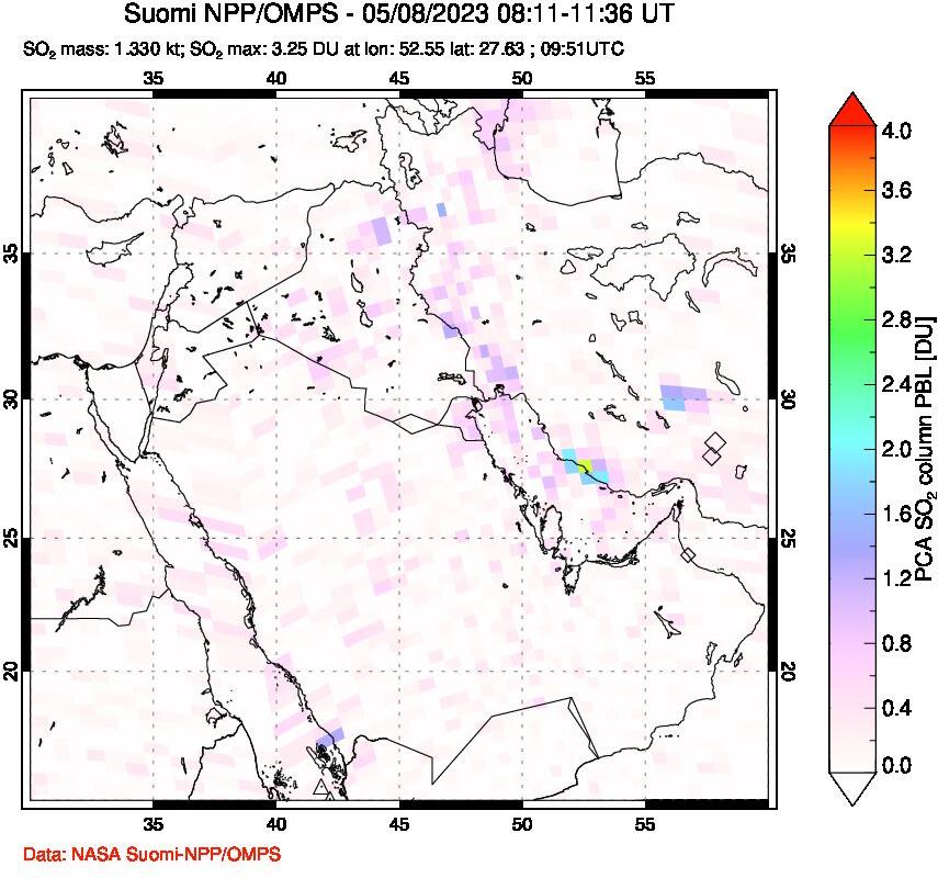 A sulfur dioxide image over Middle East on May 08, 2023.
