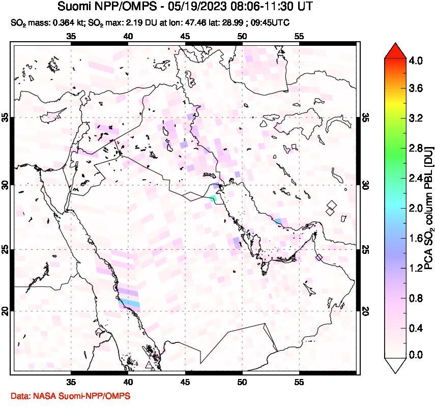 A sulfur dioxide image over Middle East on May 19, 2023.