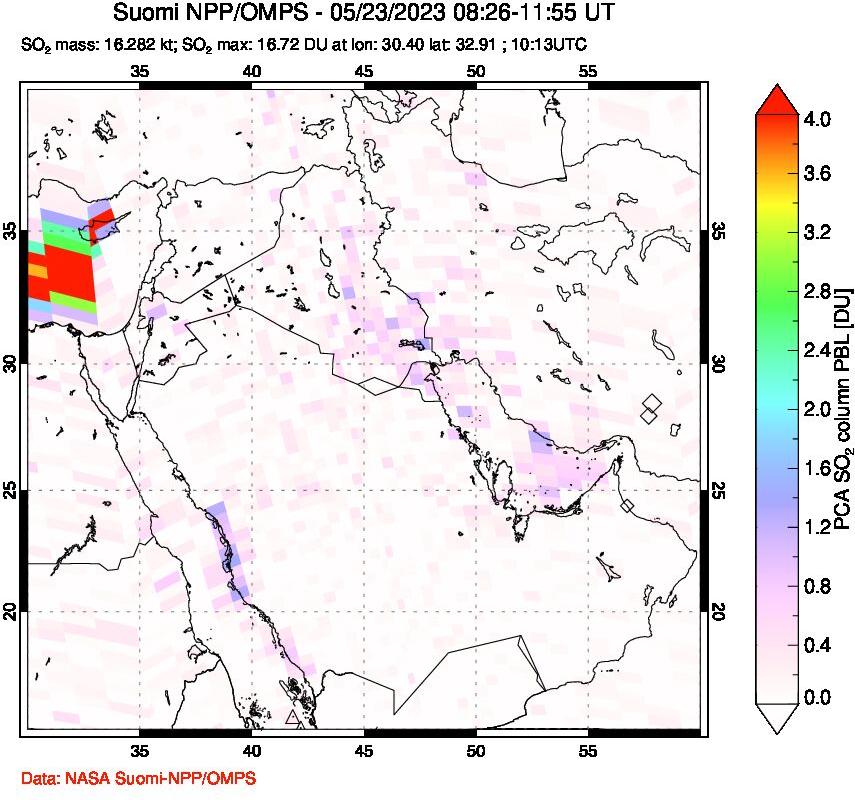 A sulfur dioxide image over Middle East on May 23, 2023.