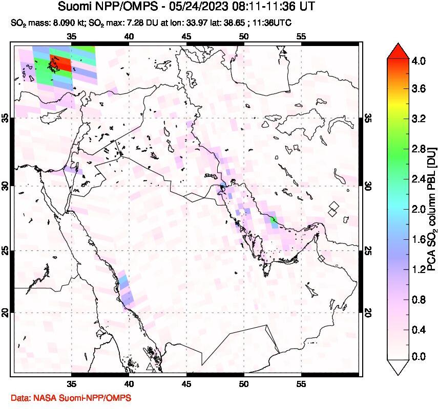 A sulfur dioxide image over Middle East on May 24, 2023.