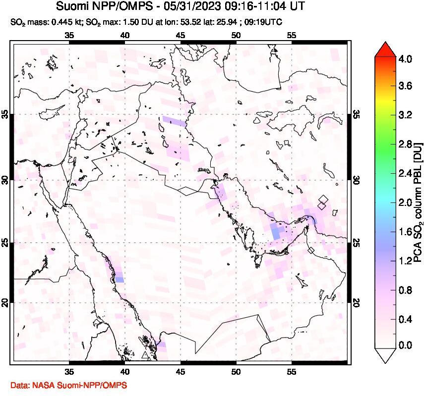 A sulfur dioxide image over Middle East on May 31, 2023.