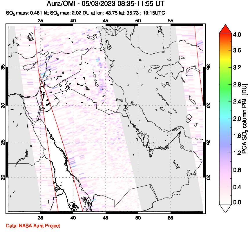 A sulfur dioxide image over Middle East on May 03, 2023.