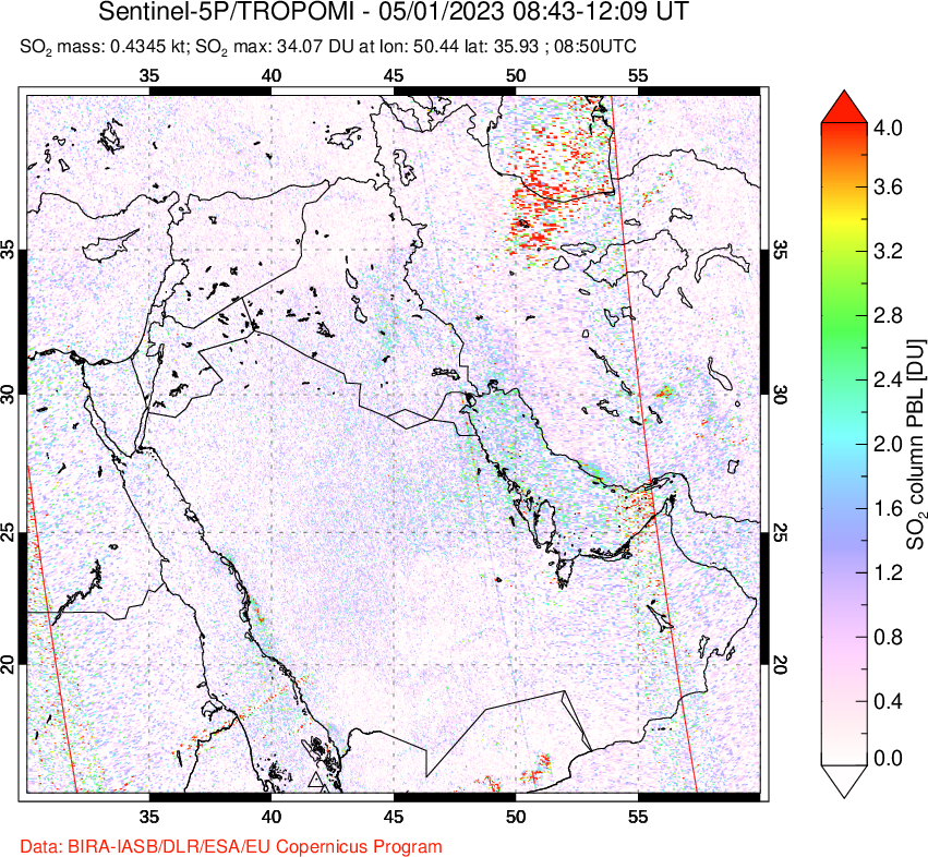 A sulfur dioxide image over Middle East on May 01, 2023.