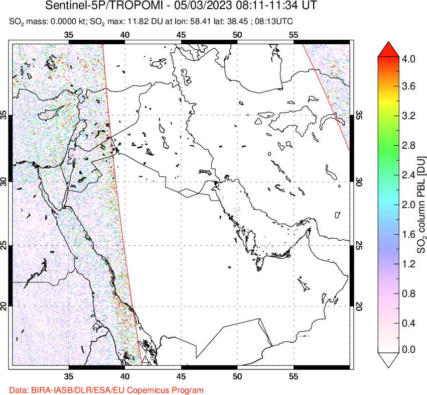 A sulfur dioxide image over Middle East on May 03, 2023.