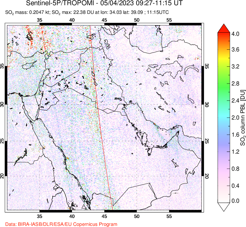 A sulfur dioxide image over Middle East on May 04, 2023.