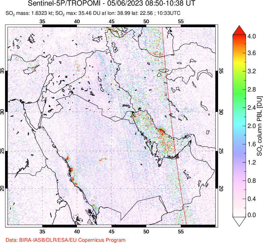 A sulfur dioxide image over Middle East on May 06, 2023.