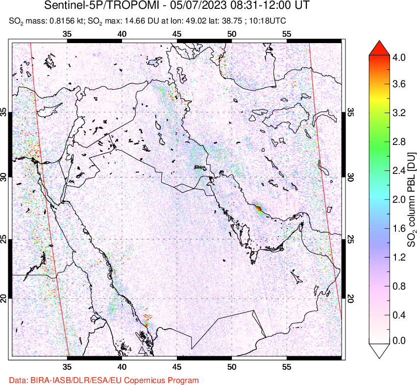 A sulfur dioxide image over Middle East on May 07, 2023.