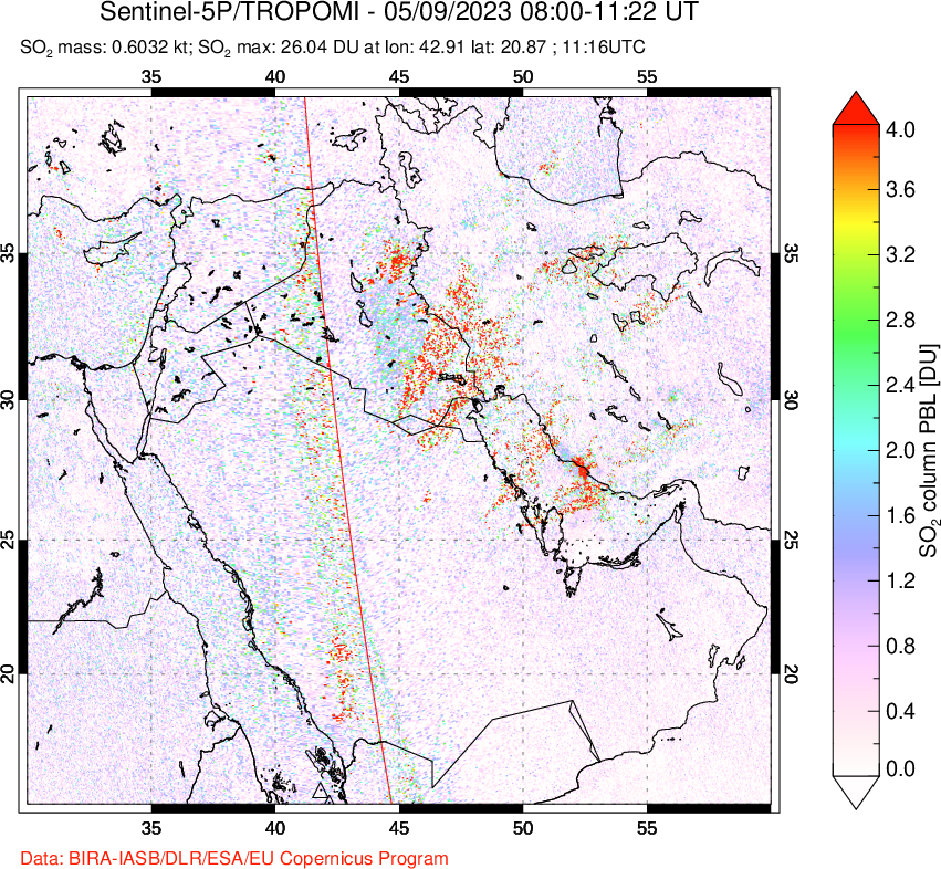 A sulfur dioxide image over Middle East on May 09, 2023.