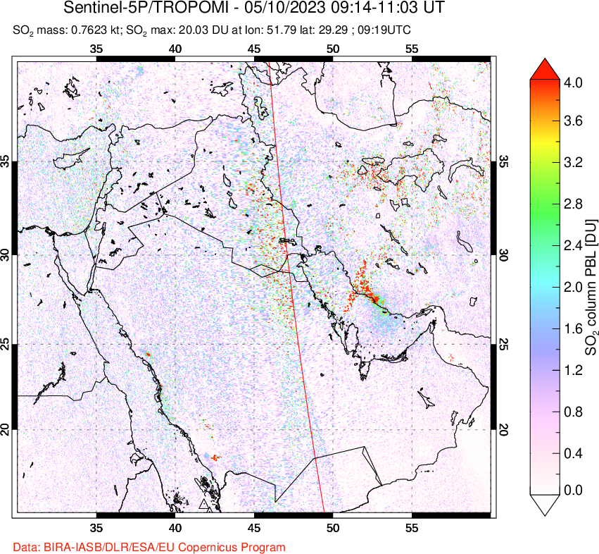 A sulfur dioxide image over Middle East on May 10, 2023.
