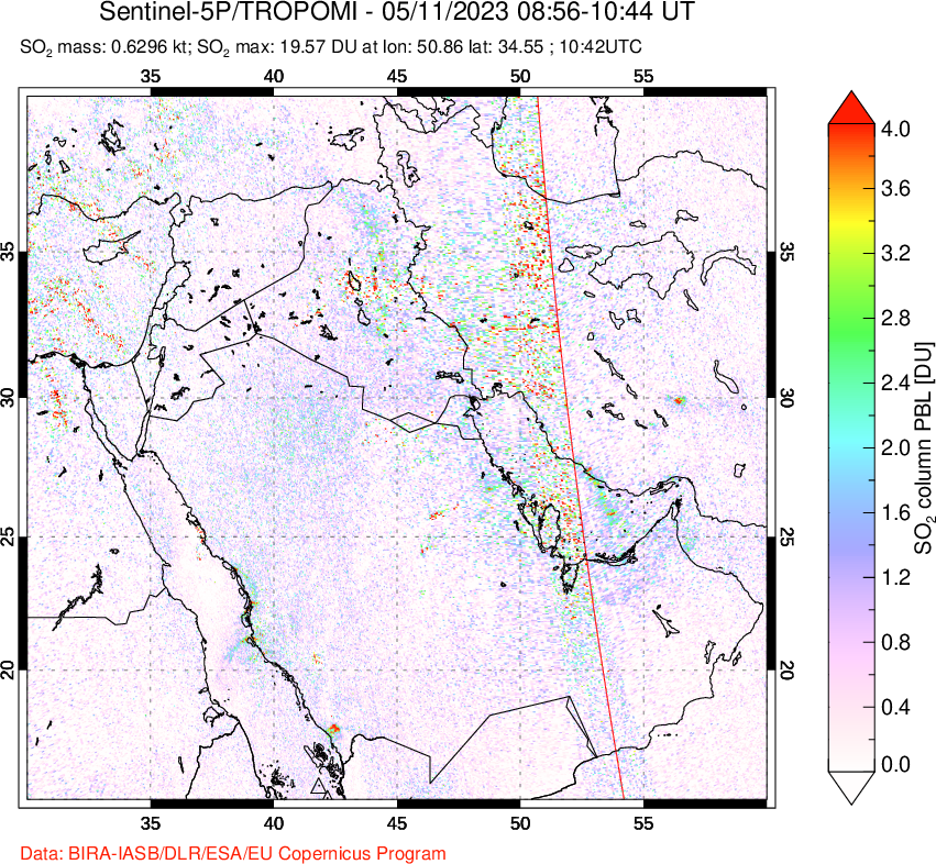 A sulfur dioxide image over Middle East on May 11, 2023.