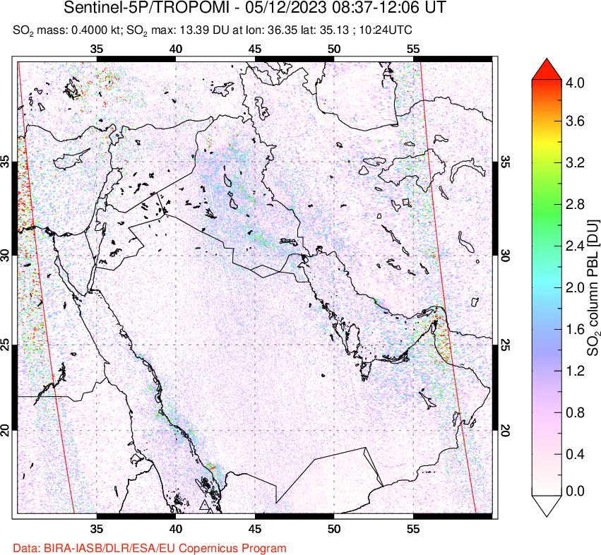 A sulfur dioxide image over Middle East on May 12, 2023.