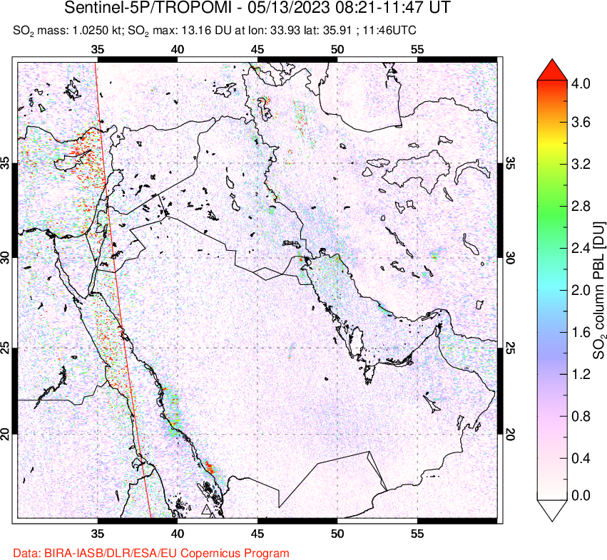 A sulfur dioxide image over Middle East on May 13, 2023.