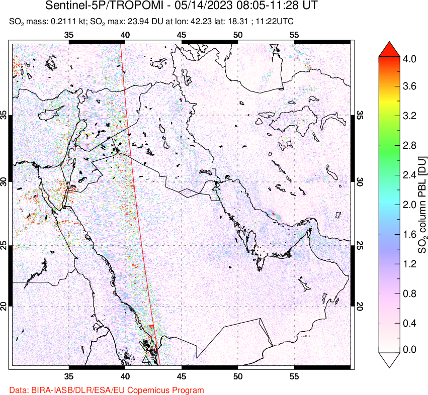 A sulfur dioxide image over Middle East on May 14, 2023.