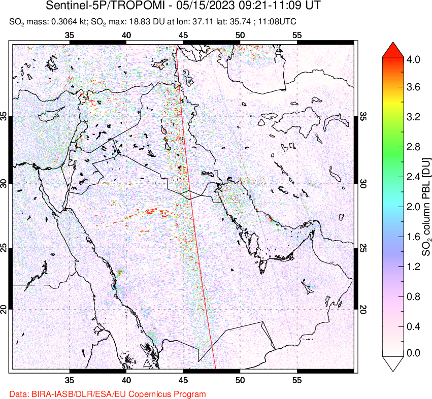 A sulfur dioxide image over Middle East on May 15, 2023.