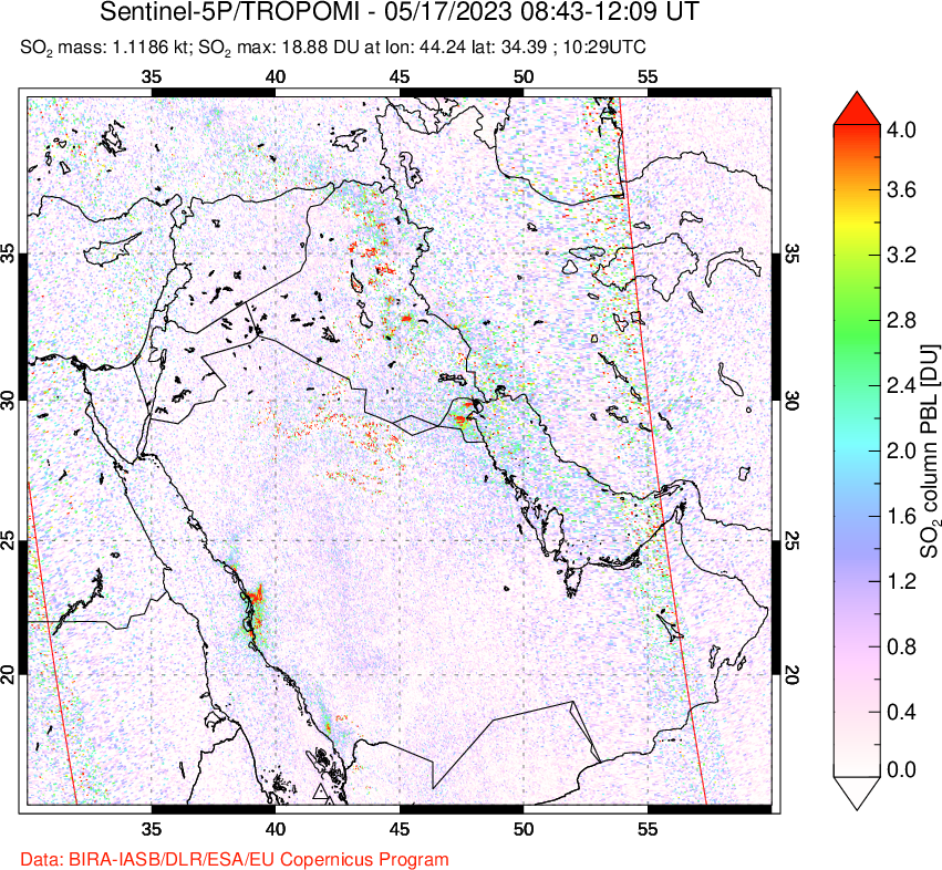 A sulfur dioxide image over Middle East on May 17, 2023.
