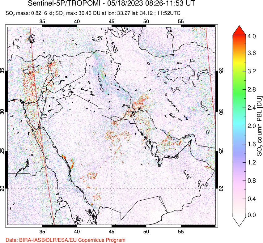 A sulfur dioxide image over Middle East on May 18, 2023.