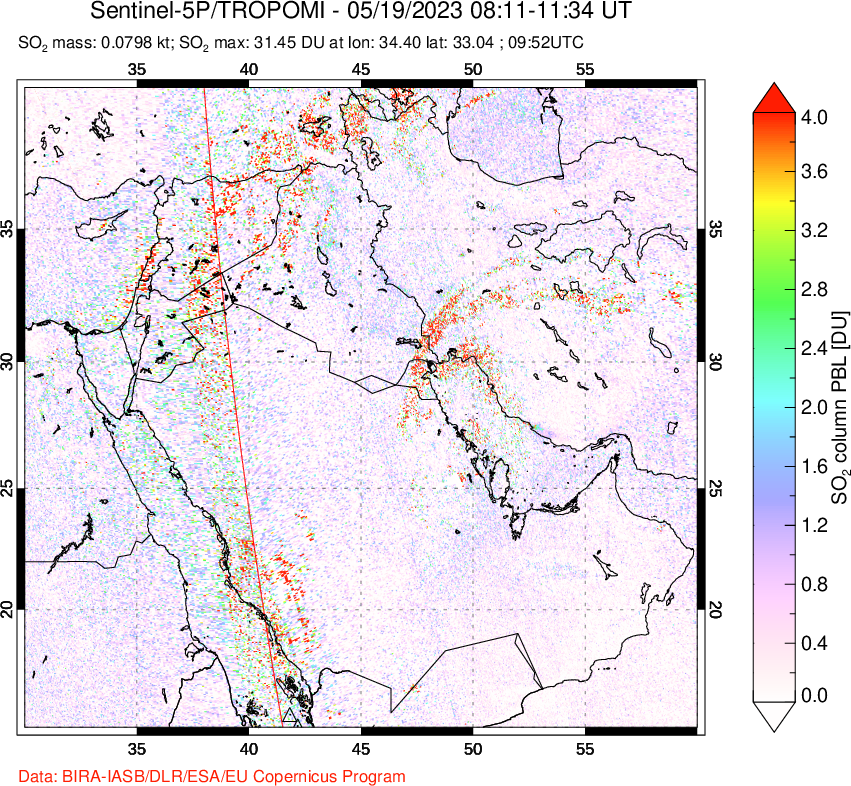A sulfur dioxide image over Middle East on May 19, 2023.