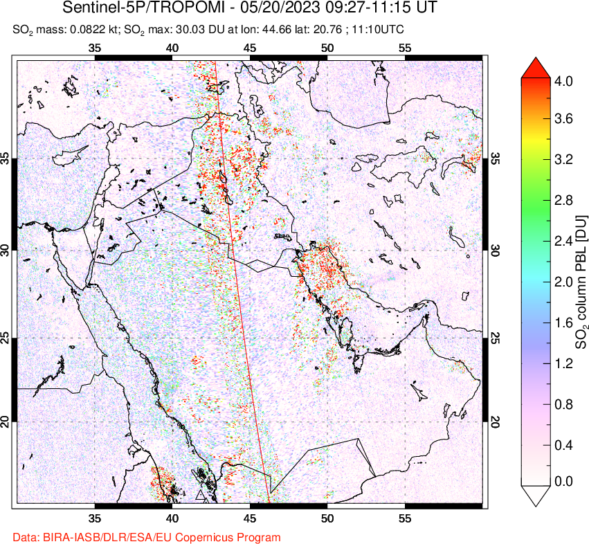 A sulfur dioxide image over Middle East on May 20, 2023.