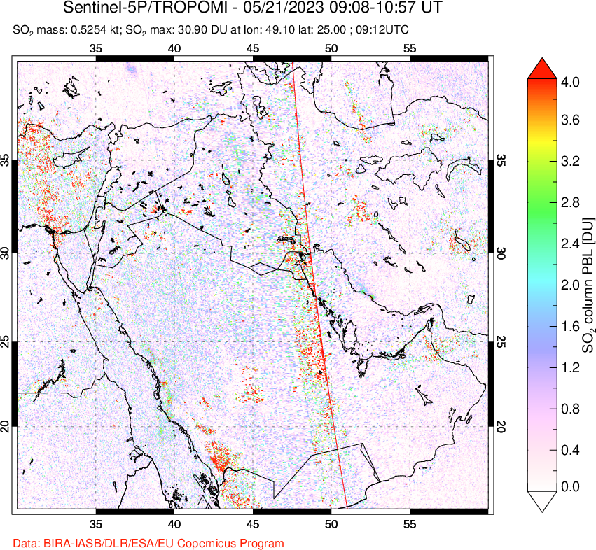 A sulfur dioxide image over Middle East on May 21, 2023.
