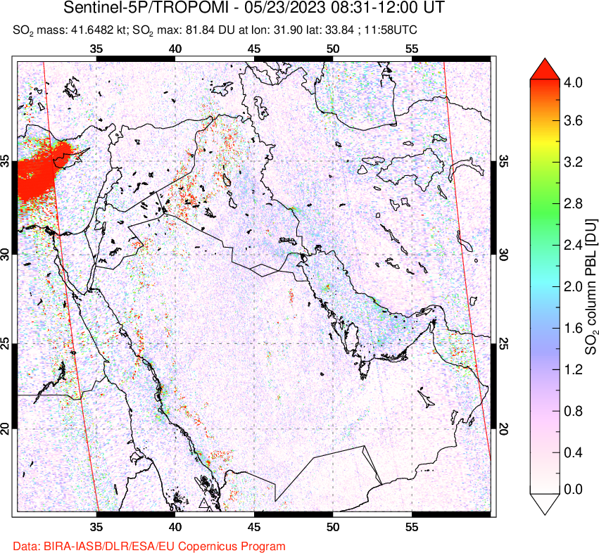 A sulfur dioxide image over Middle East on May 23, 2023.