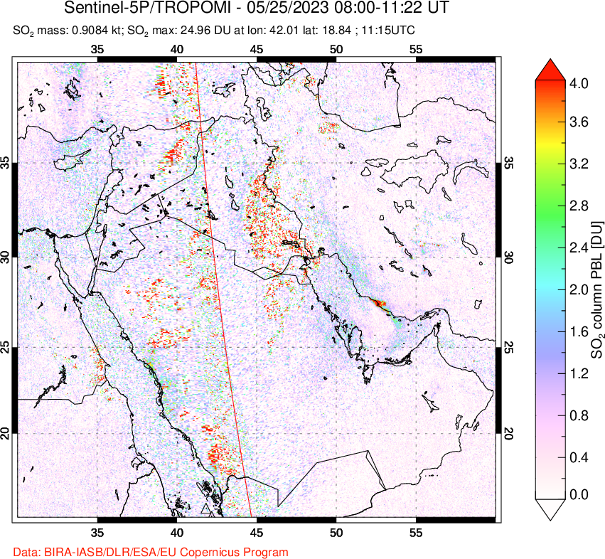 A sulfur dioxide image over Middle East on May 25, 2023.