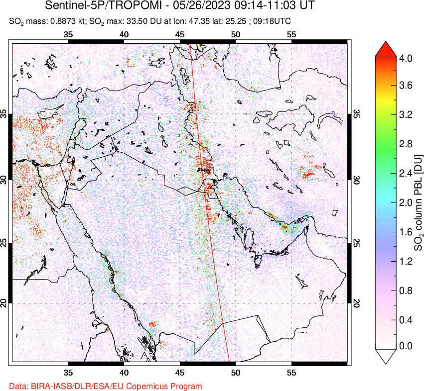 A sulfur dioxide image over Middle East on May 26, 2023.