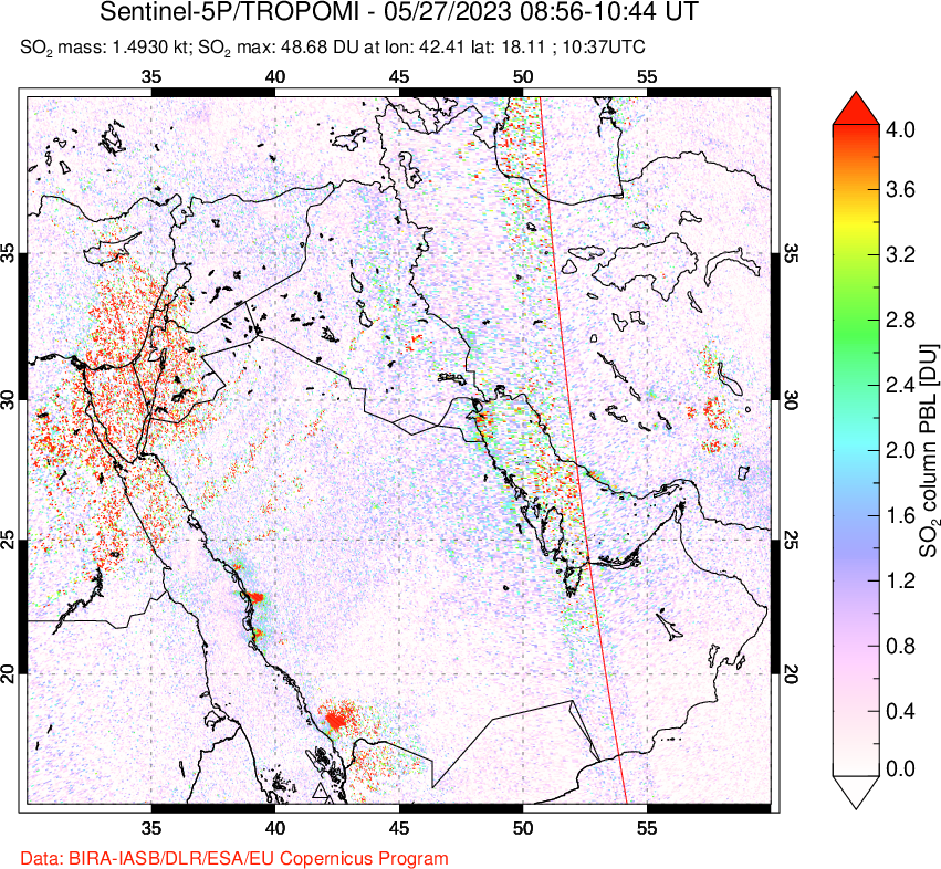 A sulfur dioxide image over Middle East on May 27, 2023.