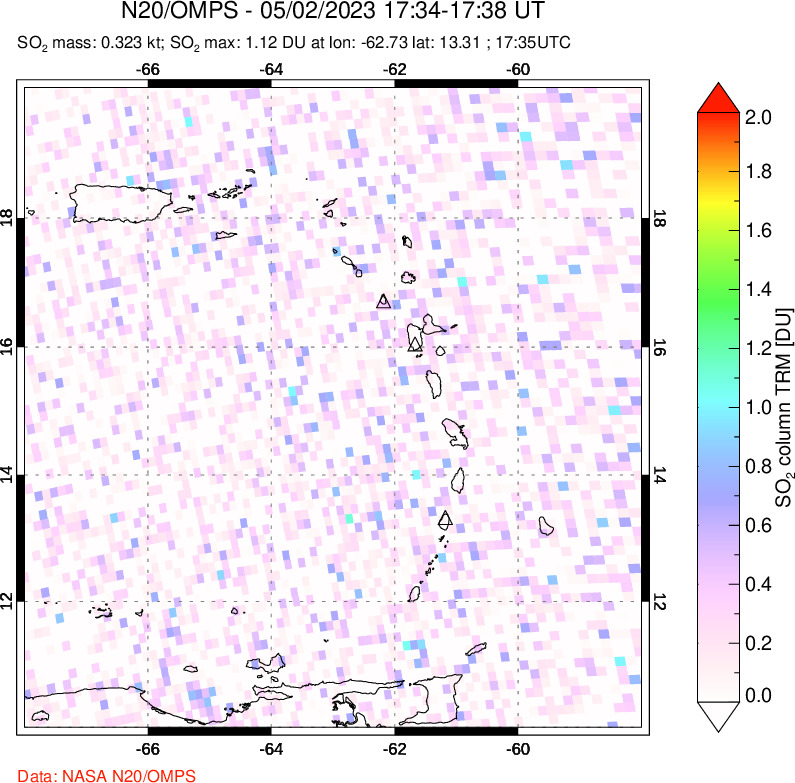 A sulfur dioxide image over Montserrat, West Indies on May 02, 2023.