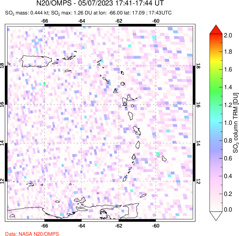 A sulfur dioxide image over Montserrat, West Indies on May 07, 2023.