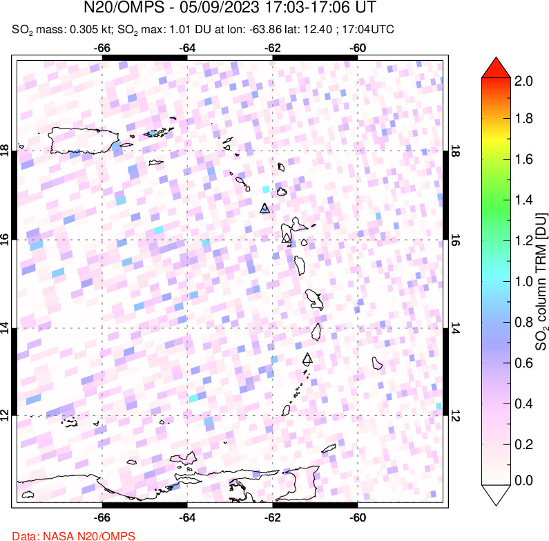 A sulfur dioxide image over Montserrat, West Indies on May 09, 2023.