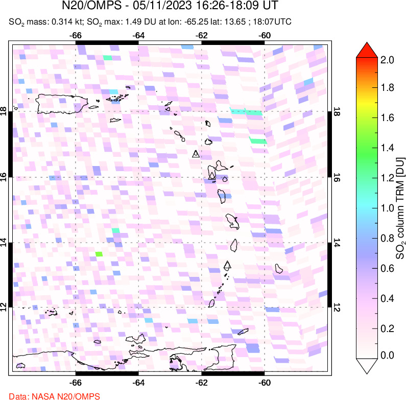 A sulfur dioxide image over Montserrat, West Indies on May 11, 2023.