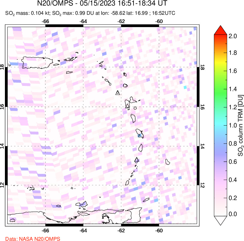 A sulfur dioxide image over Montserrat, West Indies on May 15, 2023.