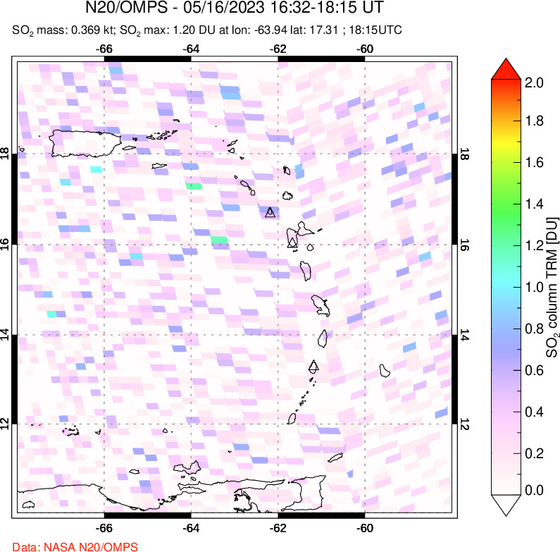 A sulfur dioxide image over Montserrat, West Indies on May 16, 2023.