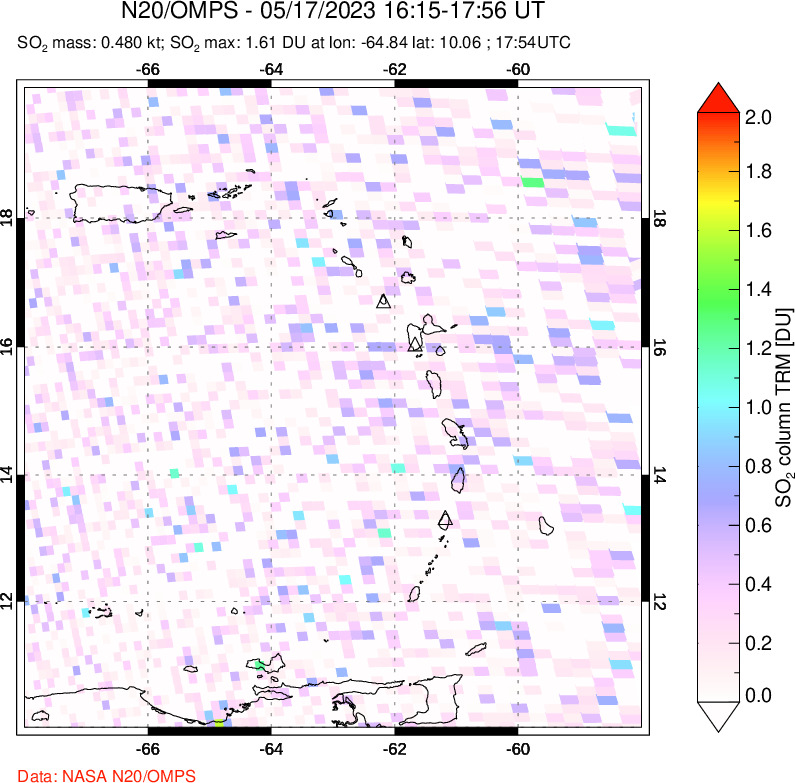 A sulfur dioxide image over Montserrat, West Indies on May 17, 2023.