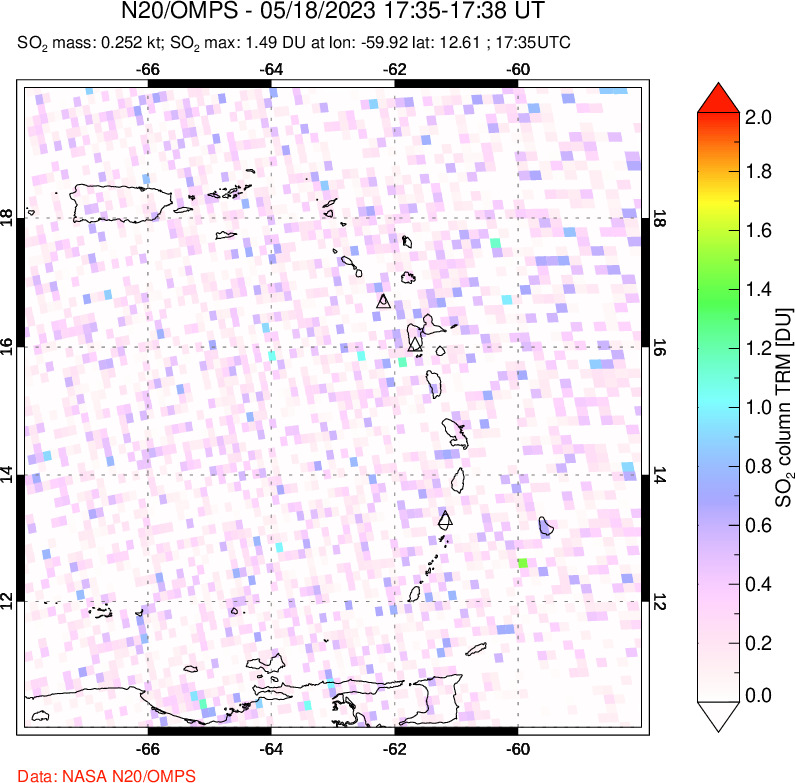 A sulfur dioxide image over Montserrat, West Indies on May 18, 2023.
