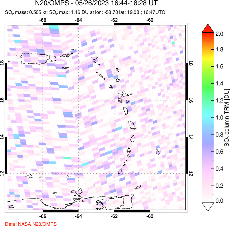 A sulfur dioxide image over Montserrat, West Indies on May 26, 2023.