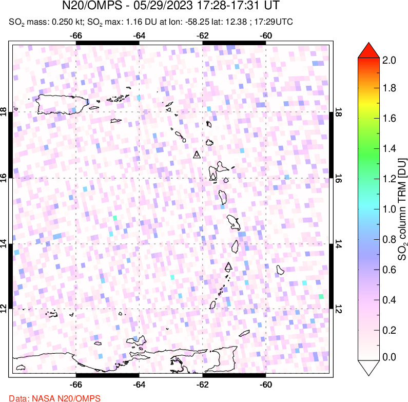 A sulfur dioxide image over Montserrat, West Indies on May 29, 2023.