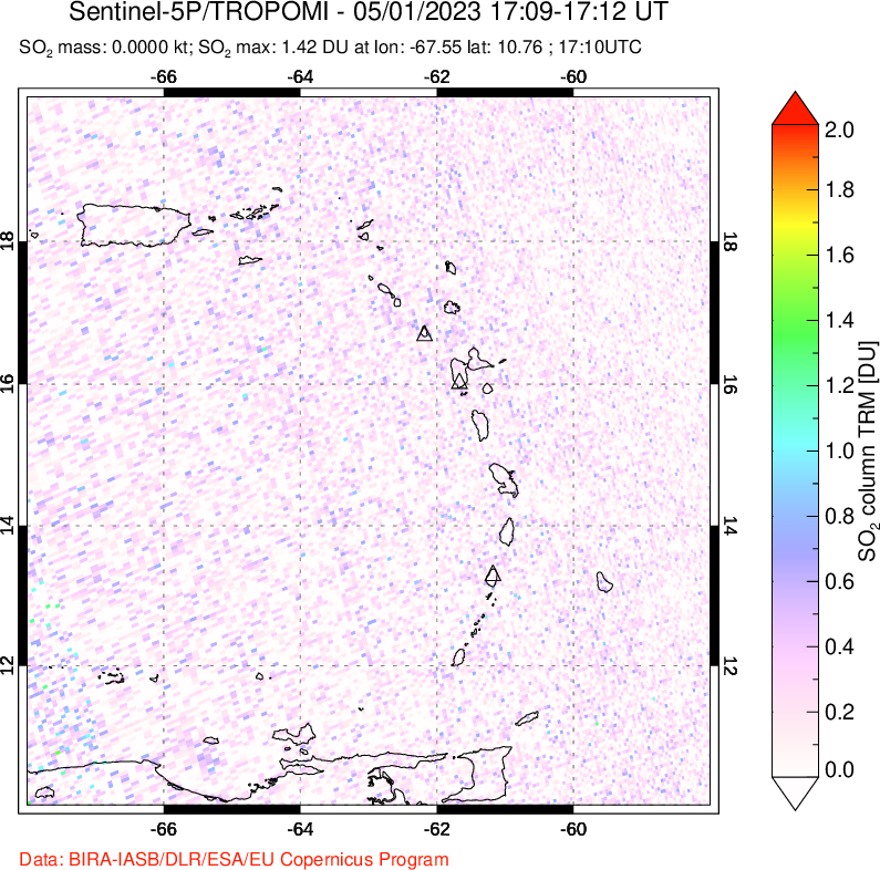 A sulfur dioxide image over Montserrat, West Indies on May 01, 2023.