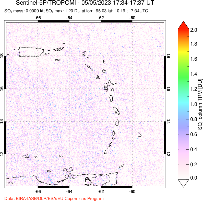 A sulfur dioxide image over Montserrat, West Indies on May 05, 2023.