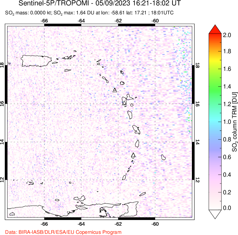 A sulfur dioxide image over Montserrat, West Indies on May 09, 2023.