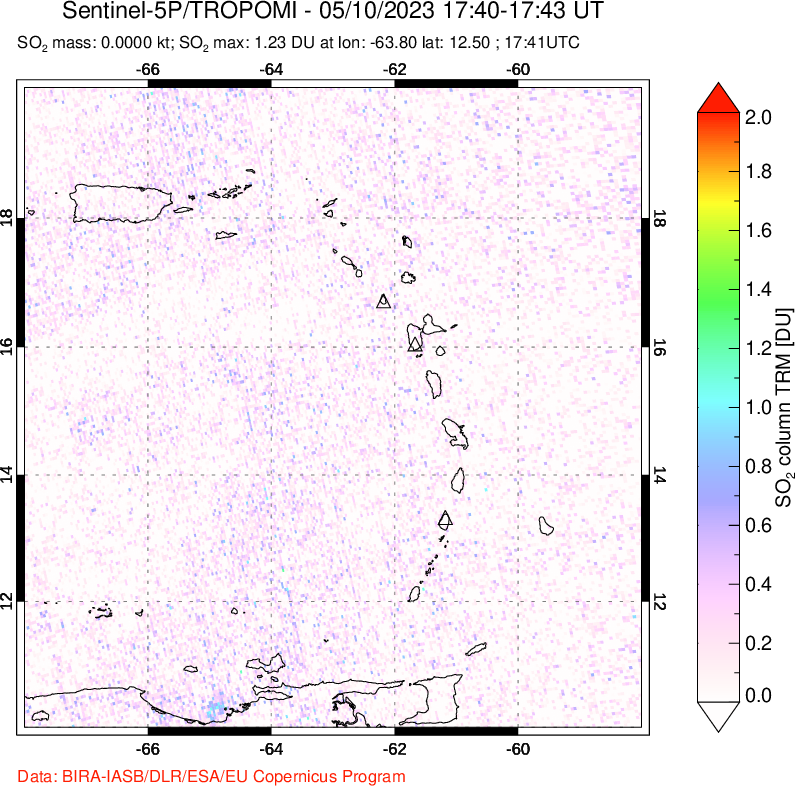 A sulfur dioxide image over Montserrat, West Indies on May 10, 2023.