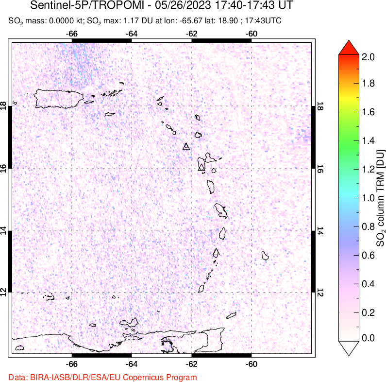A sulfur dioxide image over Montserrat, West Indies on May 26, 2023.