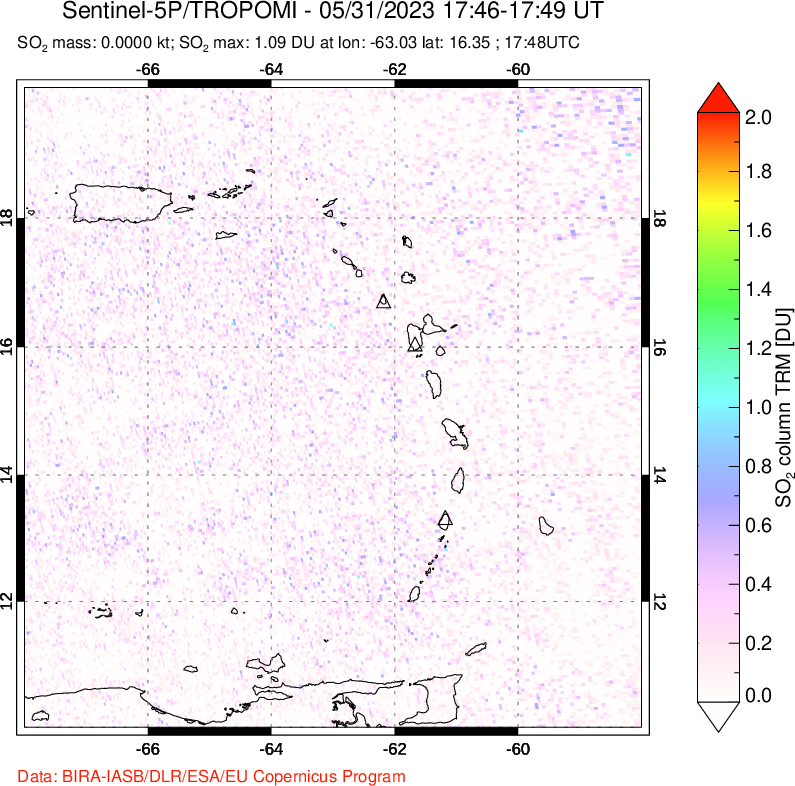 A sulfur dioxide image over Montserrat, West Indies on May 31, 2023.