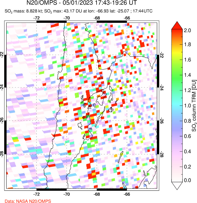 A sulfur dioxide image over Northern Chile on May 01, 2023.