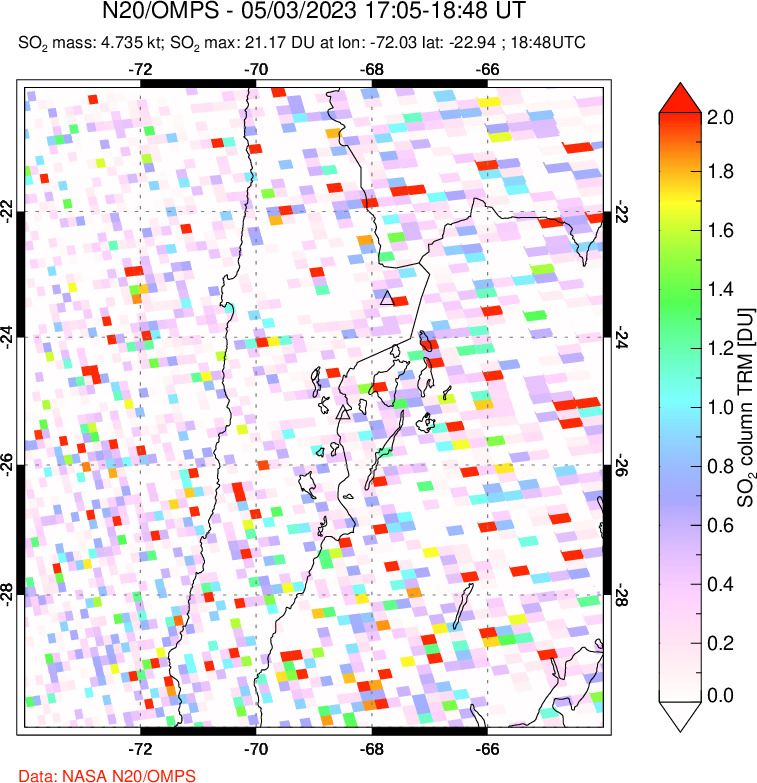 A sulfur dioxide image over Northern Chile on May 03, 2023.